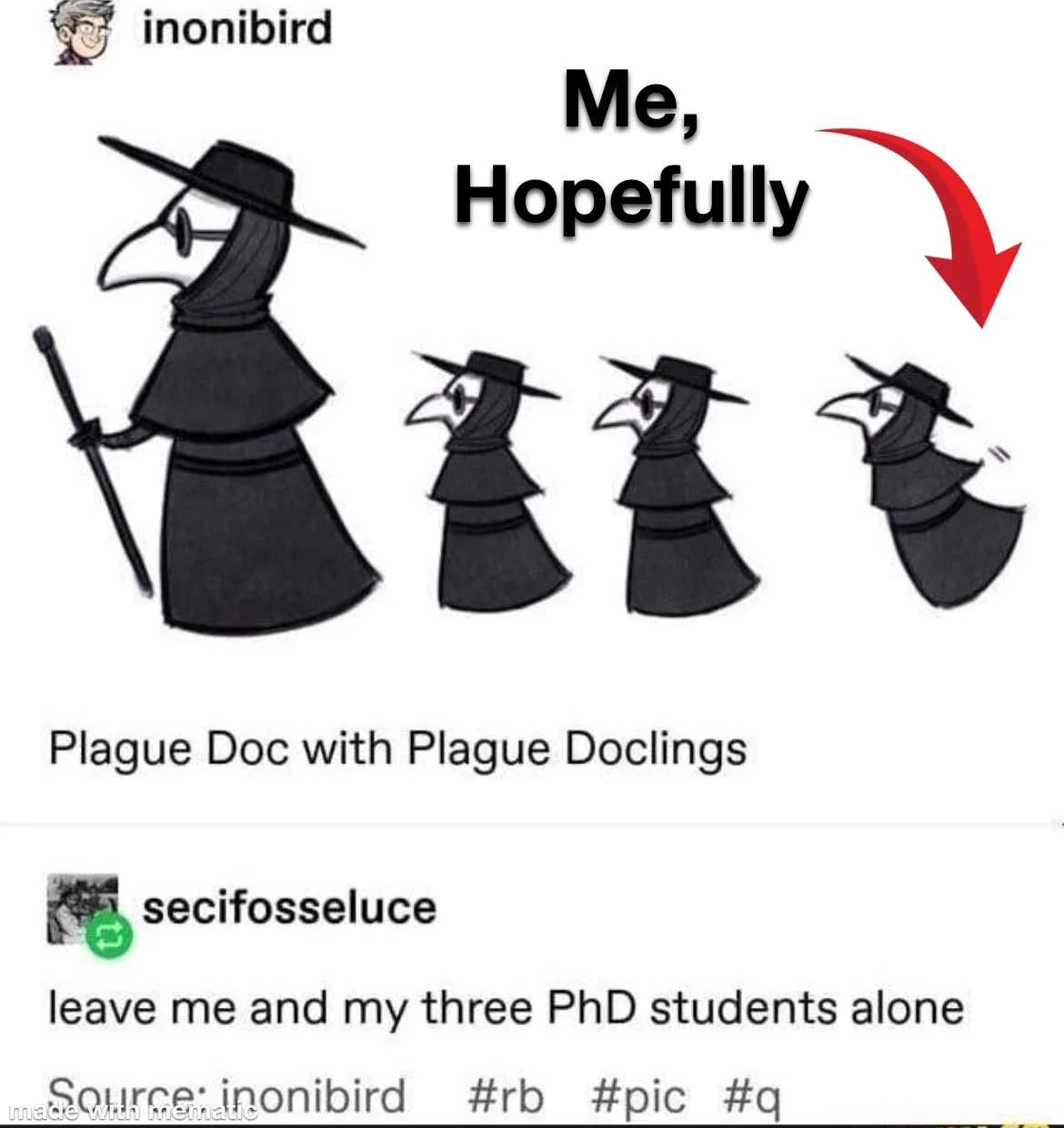 Plague doctor followed by 3 smaller plague doctor. Text saying Me, Hopefully